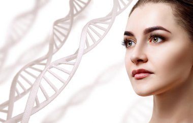 DNA zincirleri arasında şehvetli bir kadının portresi.