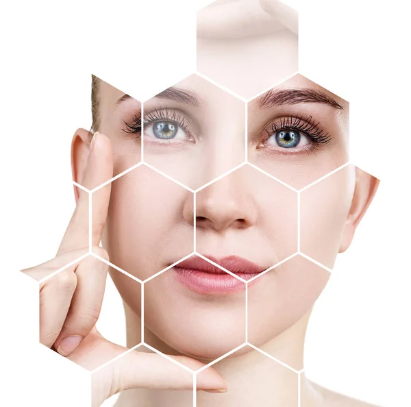 Beautiful female face in honeycombs. — Stock Photo, Image