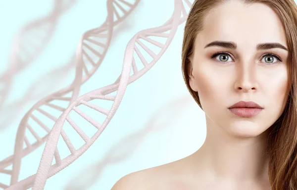 Portret van sensuele vrouw onder DNA-ketens. — Stockfoto