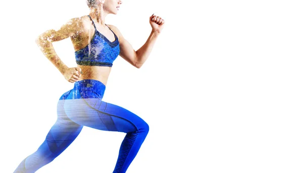 Double exposure of young sporty woman and nature. — Stock Photo, Image