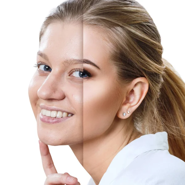 Mujer joven antes y después del tratamiento de la piel y maquillaje . — Foto de Stock