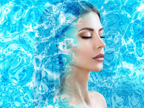 Double exposure of female face and water pool ripple.