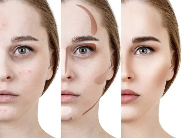Collage av kvinna tillämpa makeup steg för steg. — Stockfoto