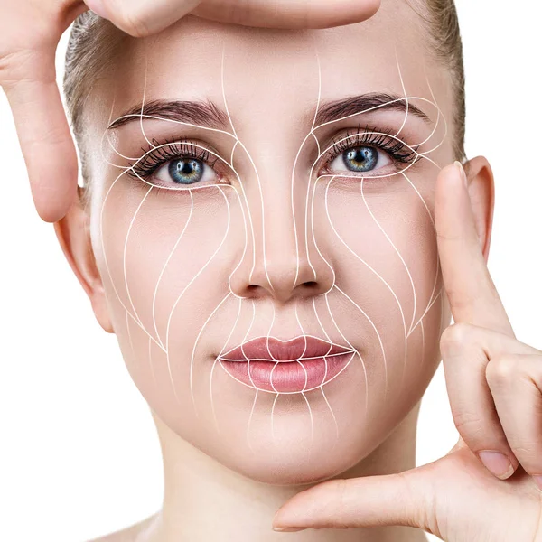 Grafické čáry ukazují efekt zvedání obličeje na kůži. — Stock fotografie