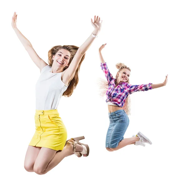 คอลเลจของผู้หญิงสองคนกระโดดด้วยมือที่ยกขึ้น . — ภาพถ่ายสต็อก