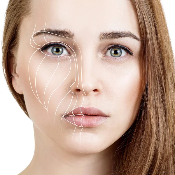 Linhas gráficas mostram o efeito lifting facial na pele . — Fotografia de Stock