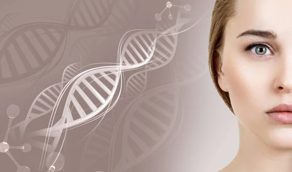 Portret zmysłowej kobiety wśród łańcuchów DNA. — Zdjęcie stockowe