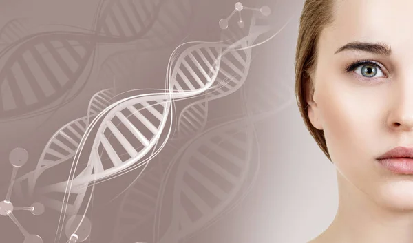 Portrait of sensual woman among DNA chains. — Stock Photo, Image