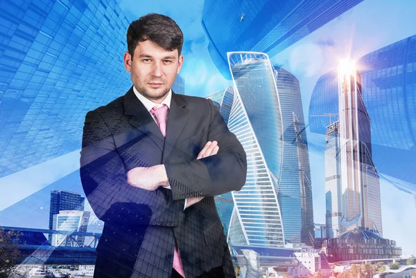 Double exposure of businessman and cityscape background. Stock Photo