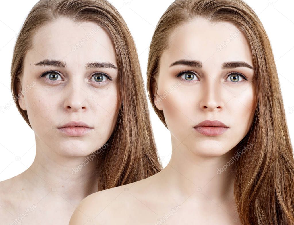 Comparison portrait of young woman before and after retouch.