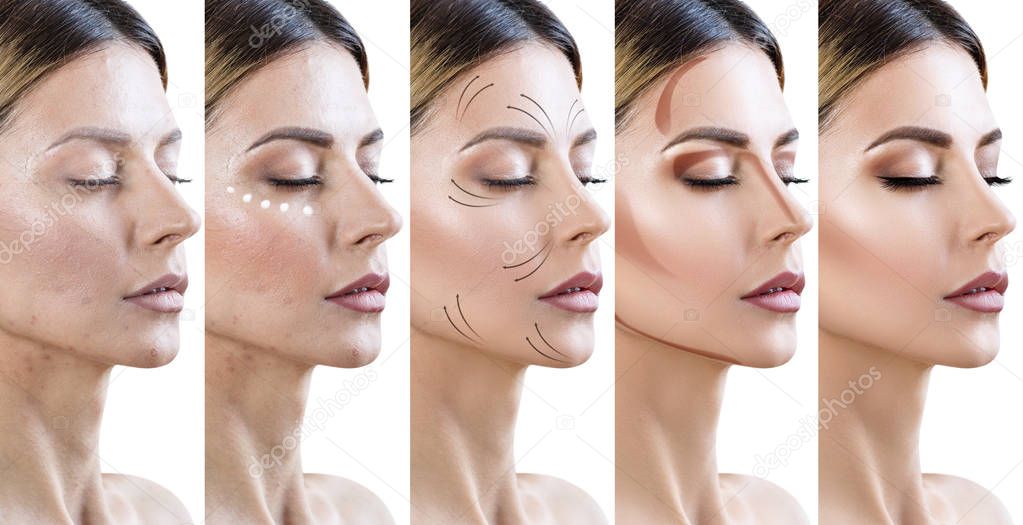 Collage of woman applying makeup step by step.