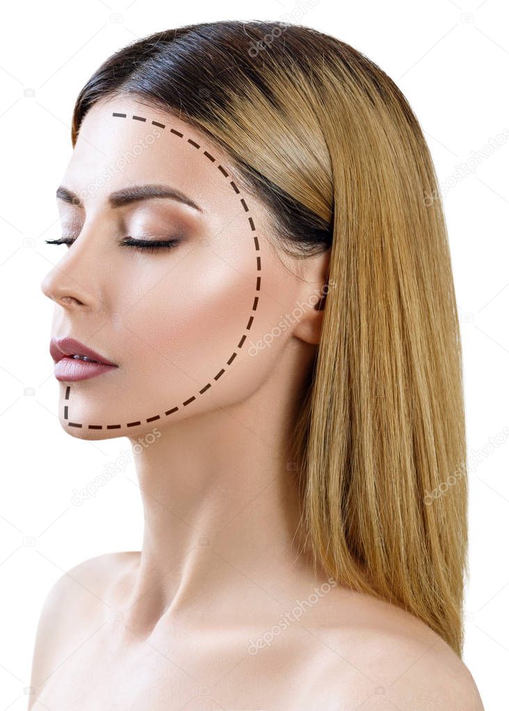 Beautiful female face with dotted line on face oval.