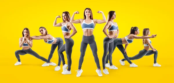 Collage av kvinna i sportkläder visade hennes atletisk kropp. — Stockfoto