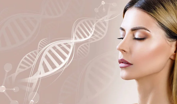 Portrait of sensual woman among DNA chains. — Stock Photo, Image