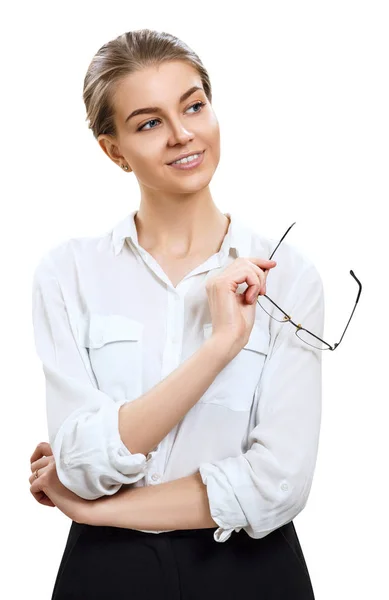 Businesswoman holds glasses in hands and looking away. — Stock Photo, Image