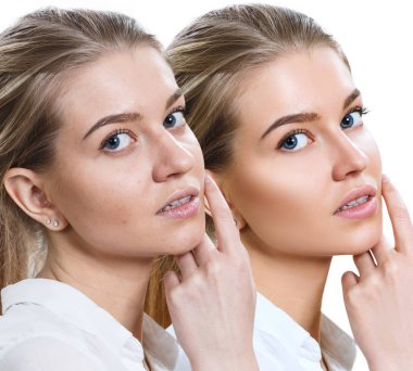 Rötuş önce ve sonra genç kadının karşılaştırma portre.