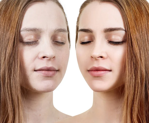 Giovane donna prima e dopo il trucco sul viso . — Foto Stock
