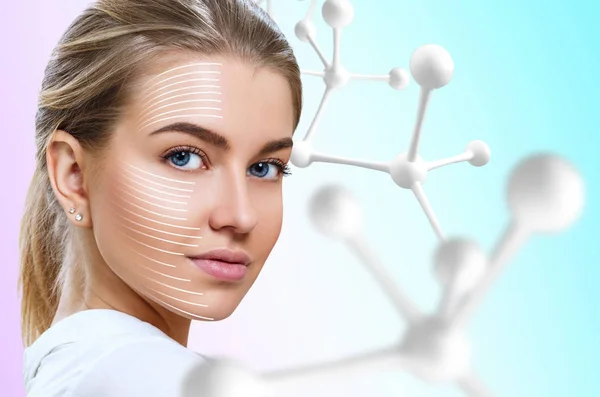 Beautiful woman near big white molecule chain. — Stock Photo, Image