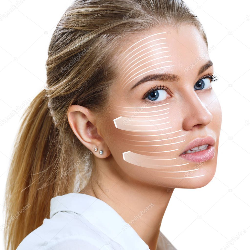 Graphic lines shows facial lifting effect on skin.