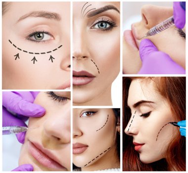 Collage of beautiful girl on rejuvenation procedure in beauty clinic. clipart