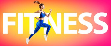 Büyük kelime Fitness ile kas atletik kadın Yaratıcı kolaj.