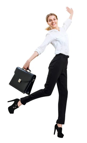 Happy business woman in formal wear jumping with briefcase. — Stock Photo, Image