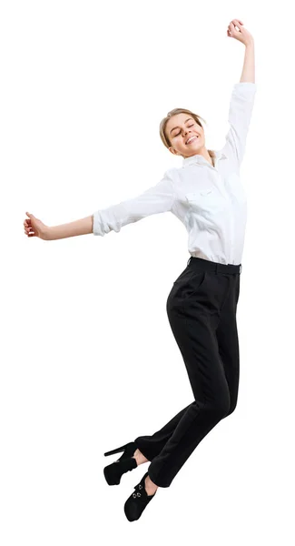 Happy business woman in formal wear jumping with briefcase. — Stock Photo, Image