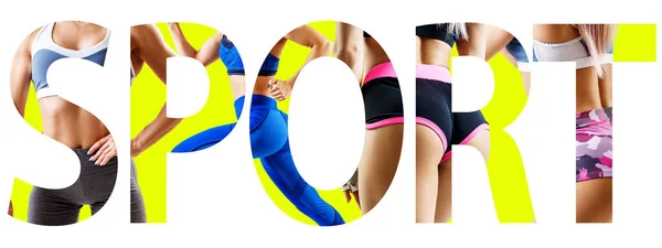 Collage créatif de femme sportive musclée avec le grand mot SPORT . — Photo
