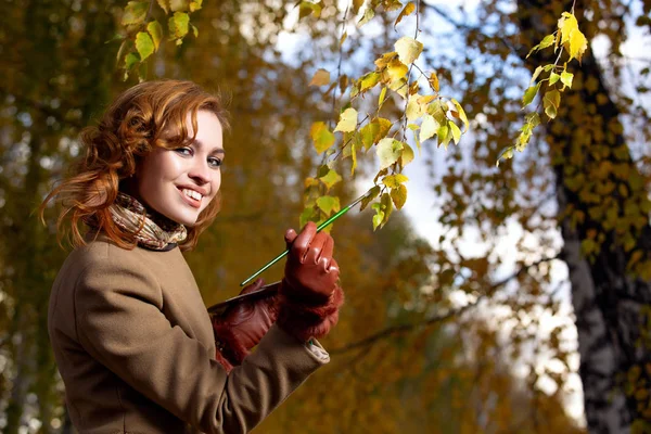 Belle femme avec palette et pinceau peint les feuilles de couleurs sur les arbres — Photo