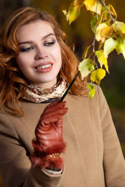 Красивая женщина с палитрой и кистью окрашивает листья на деревьях — стоковое фото