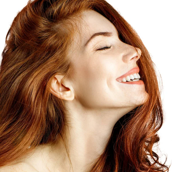 Beauty portrait of redhead woman laughs with closed eyes. — Stock Photo, Image