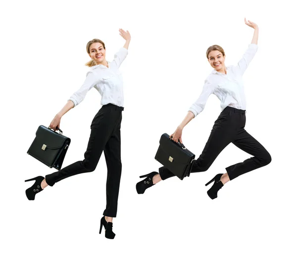 Collage av Happy Business Woman i formella slitage hoppning med portföljen. — Stockfoto