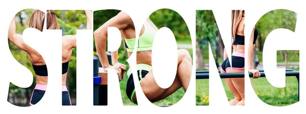 Collage creativo de la mujer atlética muscular con la palabra grande FUERTE . —  Fotos de Stock