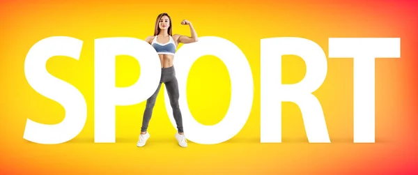 Colagem criativa de mulher atlética muscular com a grande palavra SPORT . — Fotografia de Stock