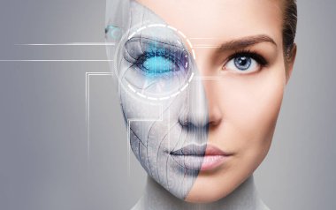 Yüz makine parçası ile cyborg kadın.