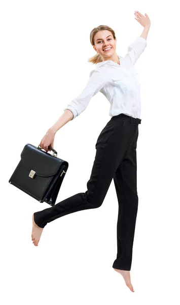 Happy business woman in formal wear jumping with briefcase. — Stock Photo, Image
