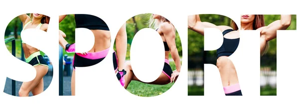 Creative collage of muscular athletic woman with the big word SPORT. — Stock Photo, Image