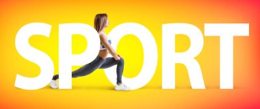 Büyük kelime Spor ile kas atletik kadın Yaratıcı kolaj.