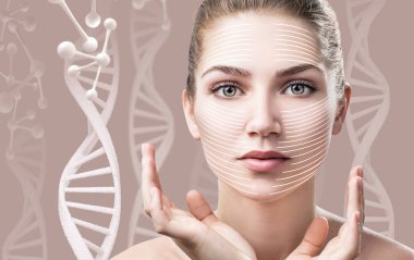 DNA zincirleri arasında şehvetli bir kadının portresi.