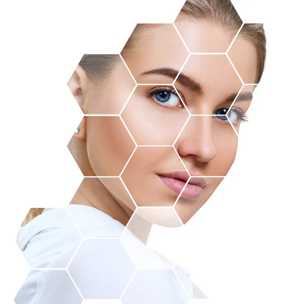 Beautiful female face in honeycombs. — Stock Photo, Image