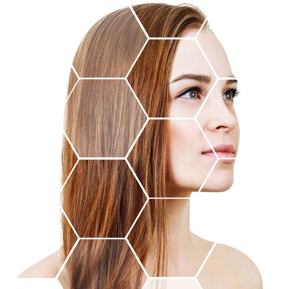 Beautiful female face in honeycombs. — Stock Photo, Image