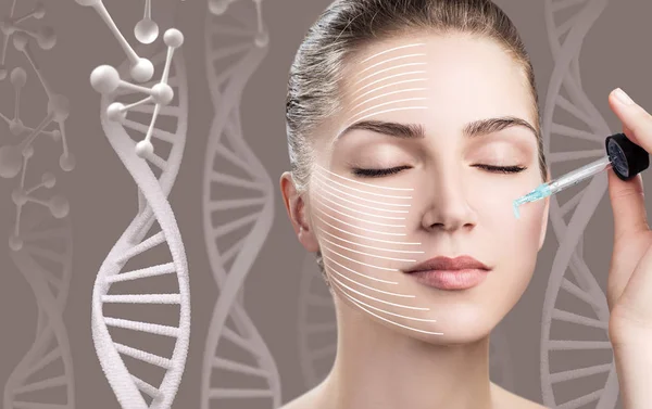 Portrait of sensual woman among DNA chains. — Stock Photo, Image