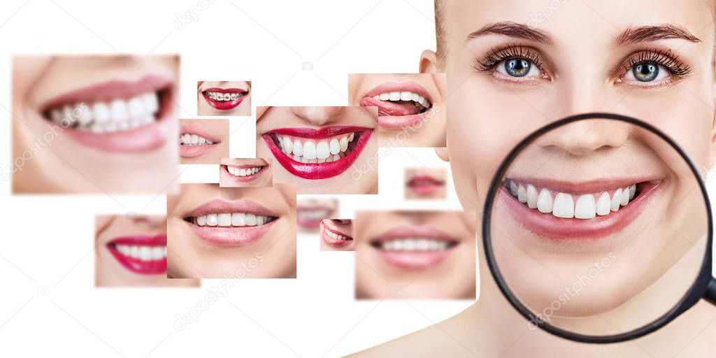 Young woman near collage with health teeth.