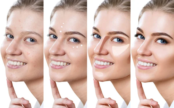 Collage de mujer aplicando maquillaje paso a paso . — Foto de Stock