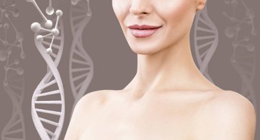 DNA zincirleri arasında şehvetli bir kadının portresi.