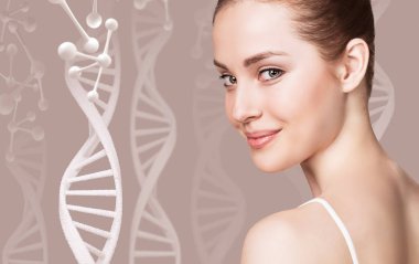Portrait of sensual woman among DNA chains. clipart