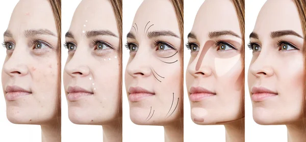 Collage de mujer aplicando maquillaje paso a paso . — Foto de Stock