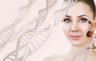 Dna zincirleri arasında makyaj fırçaları ile şehvetli kadın.
