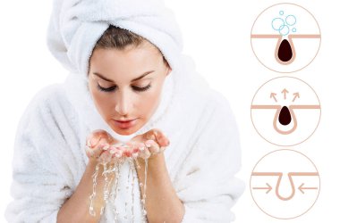 Güzel kadın kirletecek ve yüz gözenekleri temizlemek nasıl gösterir.