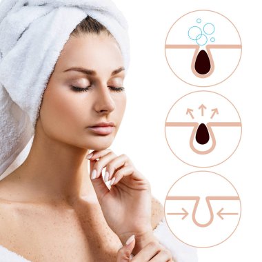 Kadın nasıl kirletme ve yüz gözenekleri temizlemek için gösterir.